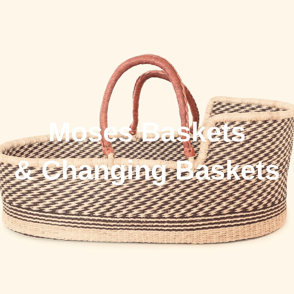 Moses Basket  The Willow+Hudson Moses baskets are handmade and hand woven from corn husk and straw or seagrass. The natural materials make these baskets strong, lightweight and eco-friendly.
