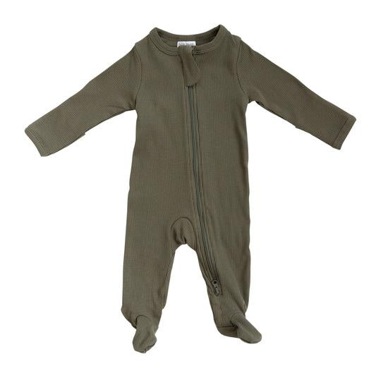 Organic Cotton Ribbed Footed Zipper One-piece -Winter Green
