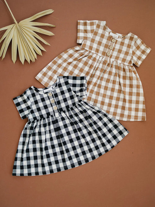 Camel Checkered Linen Dress