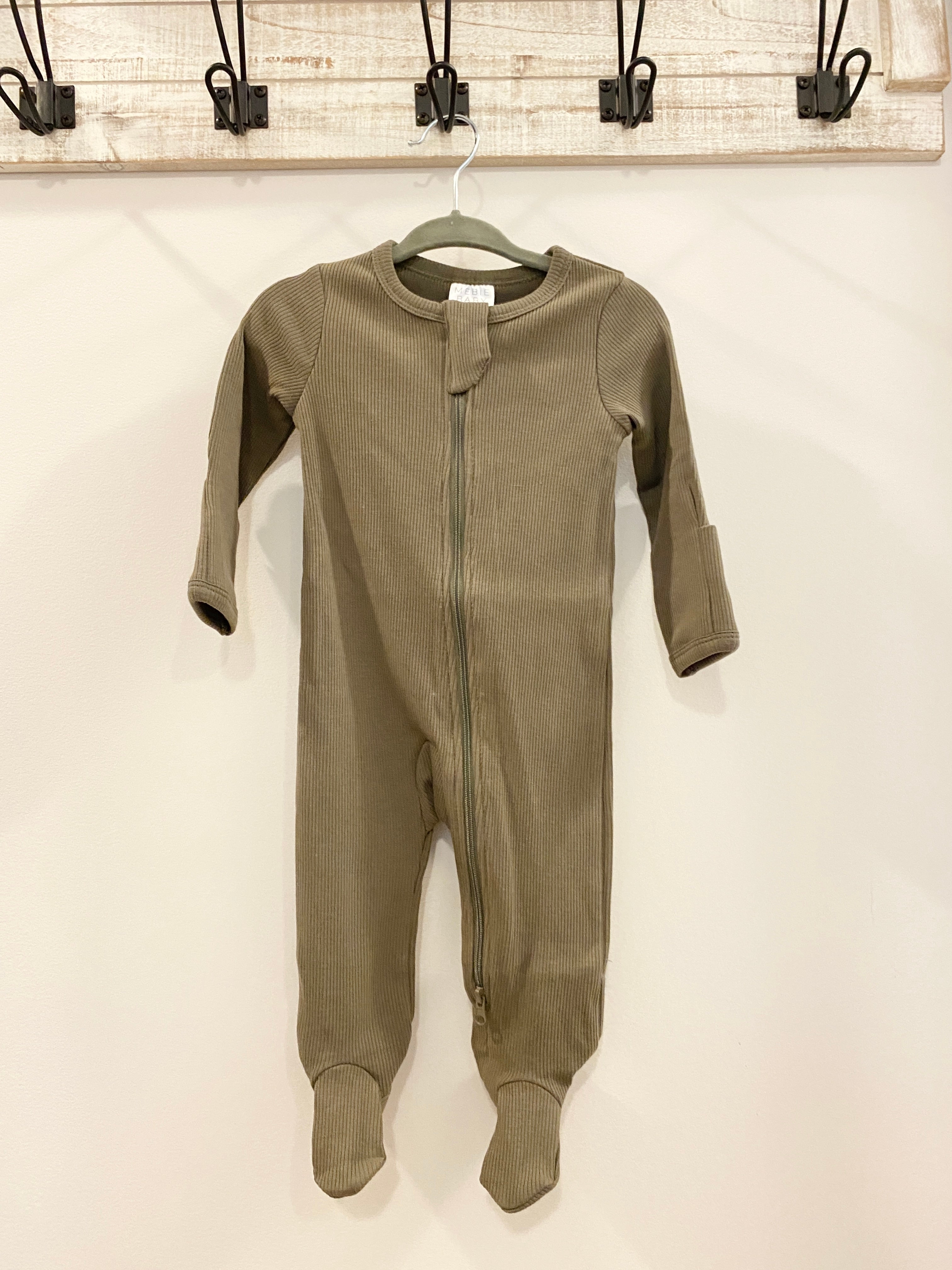 Organic Cotton Ribbed Footed Zipper One-piece -Winter Green