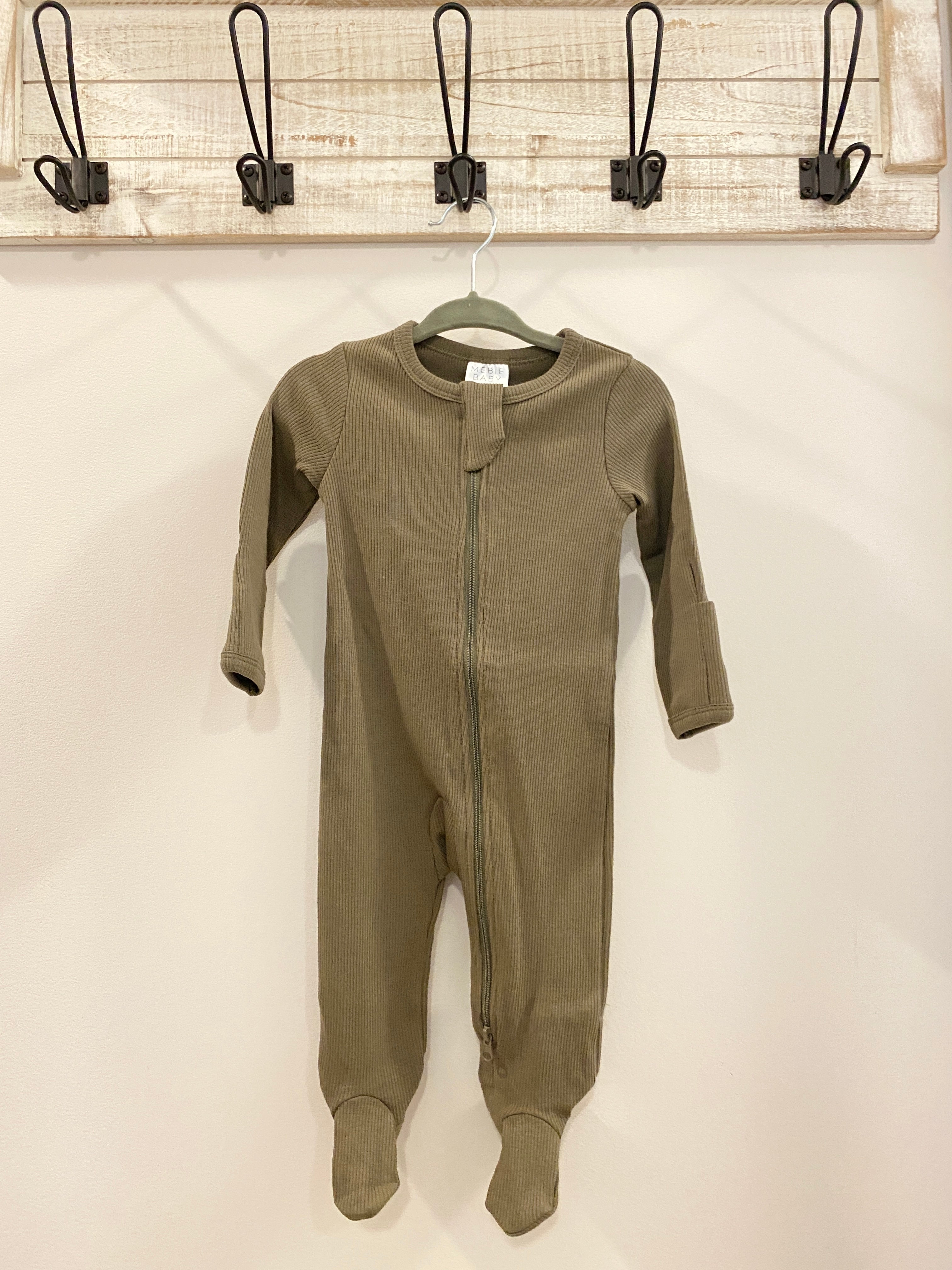 Organic Cotton Ribbed Footed Zipper One-piece -Winter Green